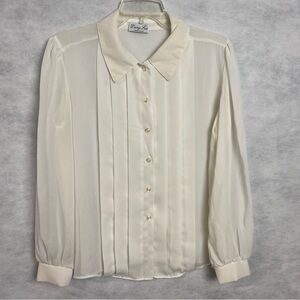 Vintage Dary Sue Button Down Blouse Women’s Medium Ivory Sheer Pleated Flaw